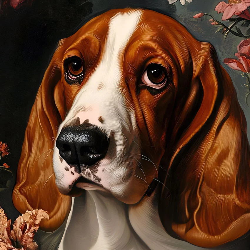 Framed Basset Hound portrait – classic dog art from The Garden Menagerie
