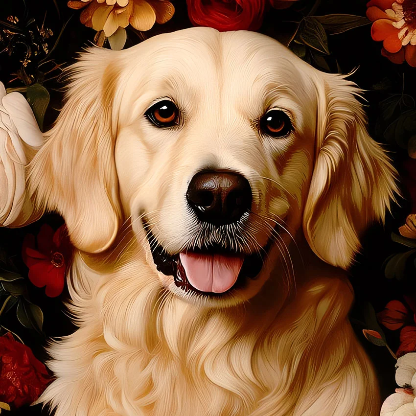 Framed Golden Retriever portrait – classic dog art from The Garden Menagerie