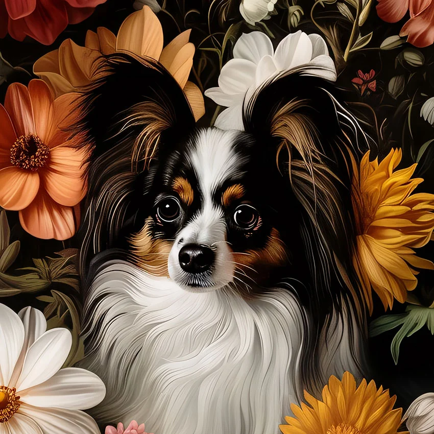 Framed Papillon portrait – classic dog art from The Garden Menagerie