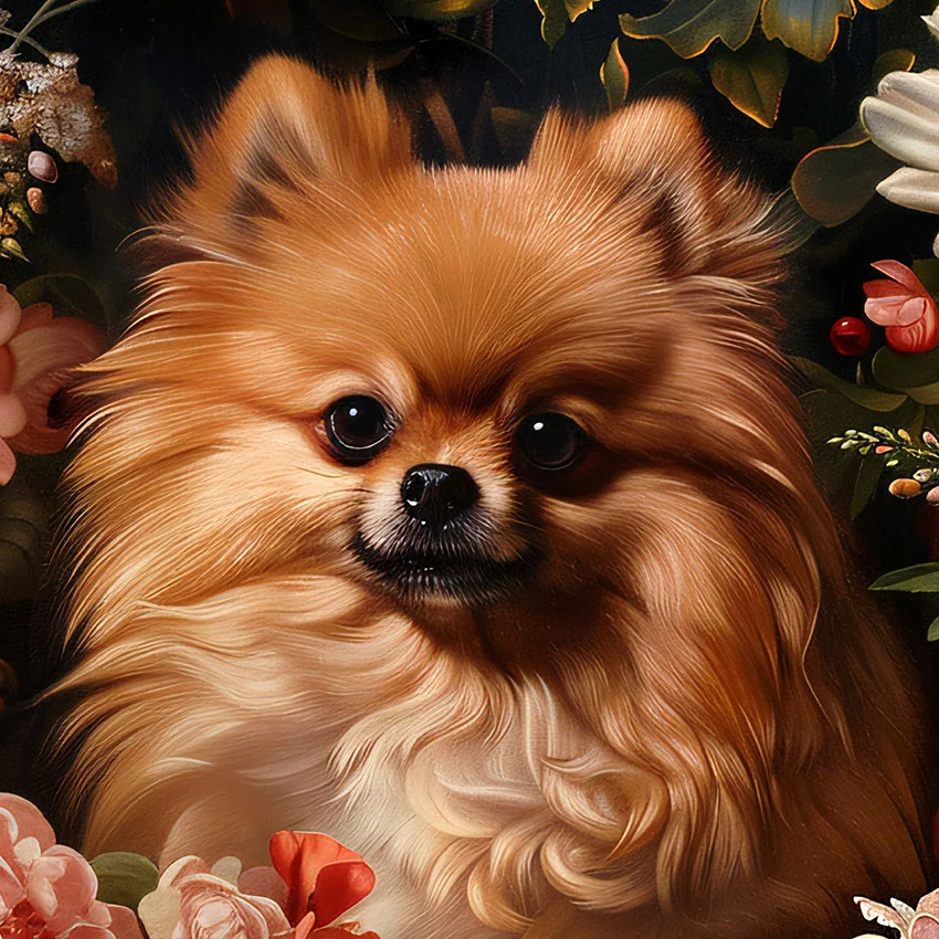 Framed Pomeranian portrait – classic dog art from The Garden Menagerie