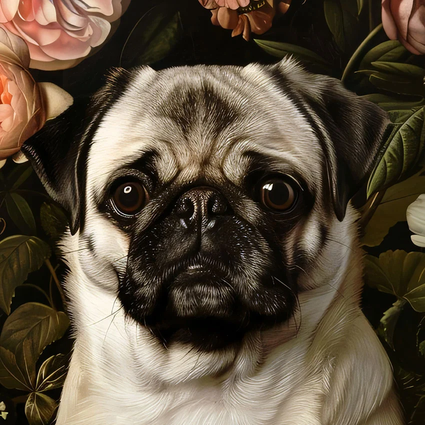 Framed Pug portrait – classic dog art from The Garden Menagerie