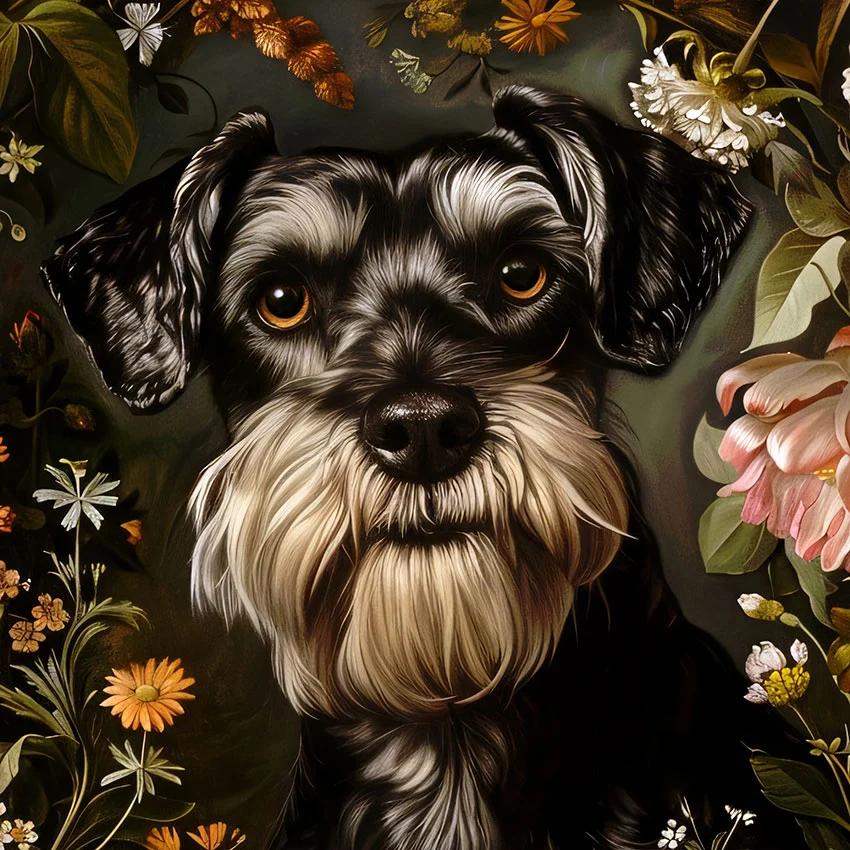 Framed Schnauzer portrait – classic dog art from The Garden Menagerie