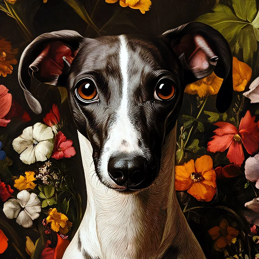 Framed Golden Whippet portrait – classic dog art from The Garden Menagerie